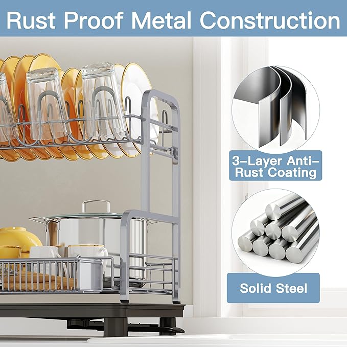 2 Tier Silver Large Capacity Dish Drainers Drying Rack for Kitchen Counter, Metal Stainless Steel Rust Proof Plate Strainers Holder On Countertop with Drainboard Tray, Space Saving, Aesthetic Modern