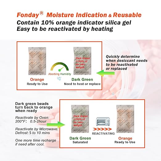 10g x 10 packs Fonday Rechargeable Silica Gel Desiccant Packets Food Grade Fast Reactivate Desiccant Bags Moisture Indicating Orange to Green