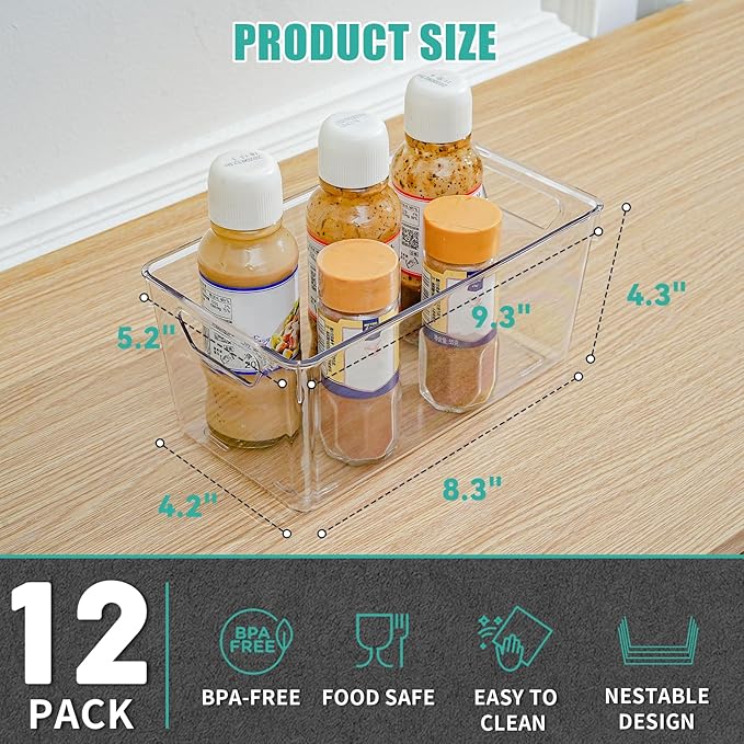 Homaigie 12 Pack Clear Plastic Storage Bins, Multi-Use Pantry Organizer and Storage Containers, Fridge Organizer Bins with Handles for Kitchen, Cabinet, Snack and Refrigerator Organization