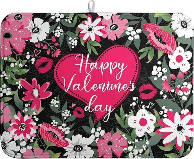 Happy Valentine's Day Dish Drying Mat for Kitchen Counter Valentines Flowers Love Heart Drying Mats Absorbent Reversible Dishes Drainer Mats Microfiber Dish Drying Pad Large Dish Rack Mat 18x24 Inch