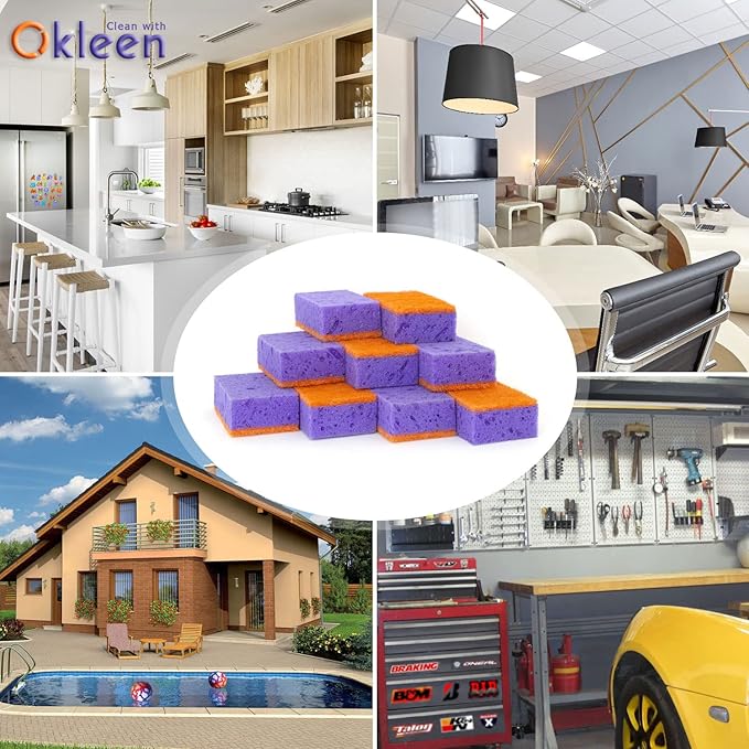 Okleen Purple and Orange Multi Use Scrub Sponges. Made in Europe. 18 Pack, 4.3x2.8x1.4 inches. Heavy Duty & Non Scratch Fiber. Odorless, Durable, Delicate, Rinse Clean Violet Scrubber