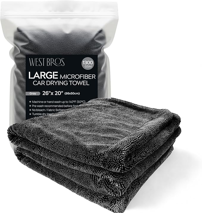 WEST BROS Large Car Drying Towel, 1300 GSM Professional Car Towel with Double Twisted Loop,Super Absorbent Large Microfiber Drying Towels for Cars, Trucks, SUVs - 20"x26", Gray