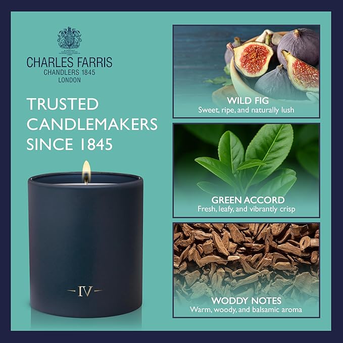 Charles Farris Luxury Scented Candle – 1 Wick, Hand-Poured, Long Lasting, Clean Burning, 210g / 7.5oz, Burns for up to 50 Hours, Made in England – Wild Fig & Green Accords – Redolent Fig