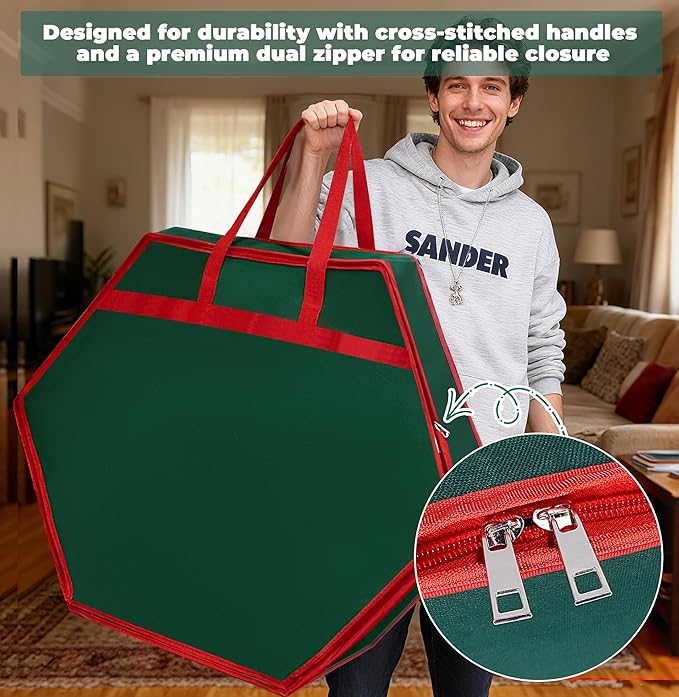 Christmas Wreath Storage Container - 30" Sturdy Hard Shell Christmas Wreath Storage Bag with Interior Pockets, Dual Zipper and Handles, Premium Wreath Storage Organizer Box