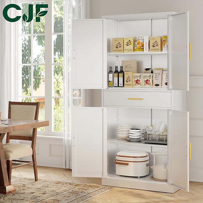CJF White Kitchen Pantry Cabinet,71 Inch Tall Metal Storage Cabinet with Adjustable Shelves and 1 Drawer, Freestanding Pantry Cabinet for Kitchen, Living Room, Dining Room, Bathroom, Easy to Assemble
