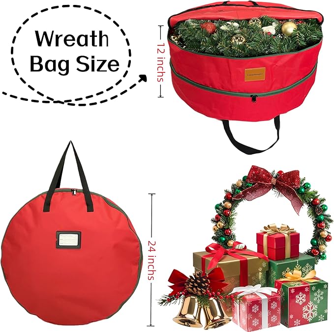 24x12 inchs Wreath Storage Container,Red Double storage bag,Heavy Duty 600D Oxford Cloth,Garland Wreaths Container For Xmas Holiday Wreaths Storage Holder