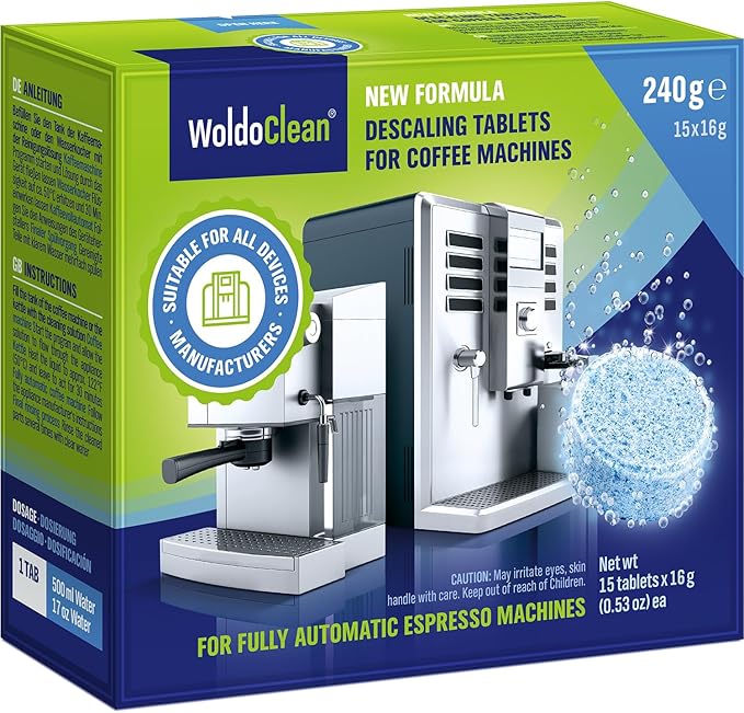 WoldoClean Coffee Machine Cleaner & Descaler Tablets (15 Count) - Universal Descaling Tabs Compatible with Nespresso, Keurig, Ninja, Breville & Drip Coffee Makers, Removes Limescale & Mineral Buildup