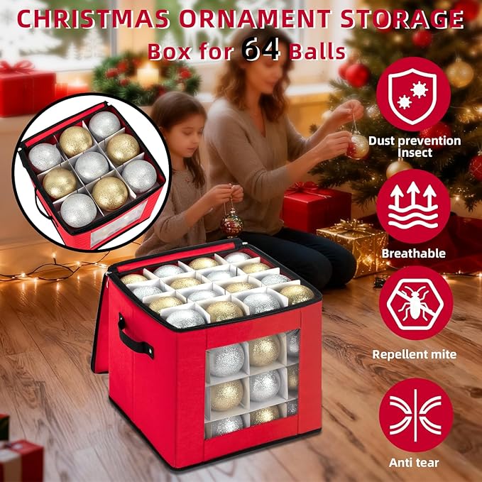 Christmas Ornament Storage Box With Adjustable Dividers,Ornament Storage Container with Two Handles for 64Holiday Decorations,Red