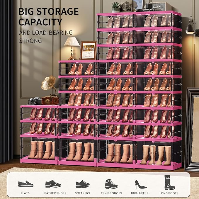 6-Tier Foldable Shoe Rack for Closet Entryway 6-12Pairs, Stackable Clear Shoe Storage Boxes Organizer with Door Plastic Small Shoe Cabinet Bins with Lids Shoes Shelf Easy Assembly（Black-Pink）