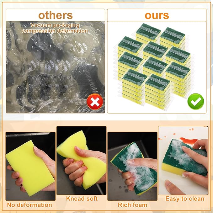 Ovveroche 50 Pcs Individually Wrapped Sponges, Uncompressed Non Scratch Scrouing Sponges for Household Cleaning Dishes Kitchen Airbnb Apartment Car Bike Green