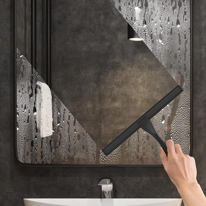 All-Purpose Stainless Steel Shower Squeegee for Shower Glass Door with Adhesive Hook, Bathroom Cleaner Tool Household Window Mirror Squeegee for Glass Doors, Cleaning Tile Wall, Car, 10 inch, Black