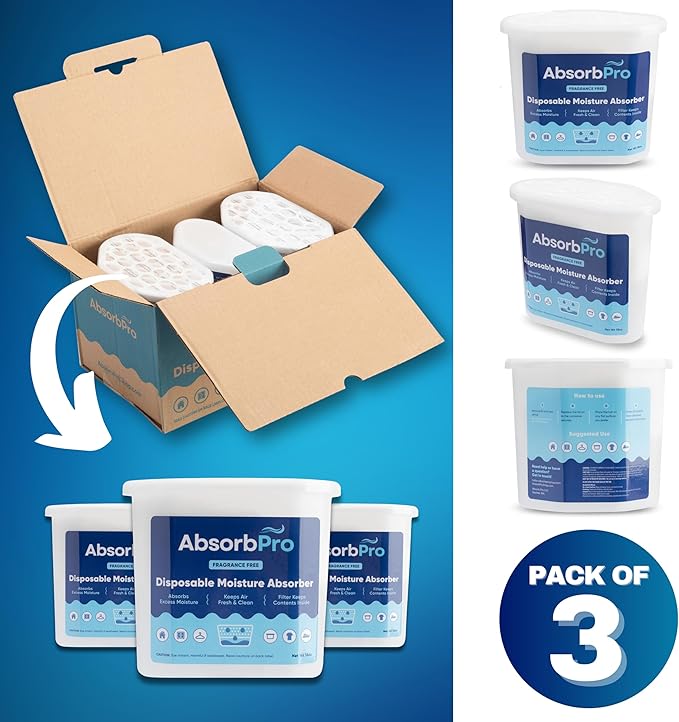 Absorb Pro - Moisture Absorber Tub Fragrance Free - 3-Pack - 18 oz Unscented Disposable Odor Eliminator Box & Dehumidifier for Garage, Home, Kitchen, Bedroom, Bathroom, Closet, Cars, and Boats