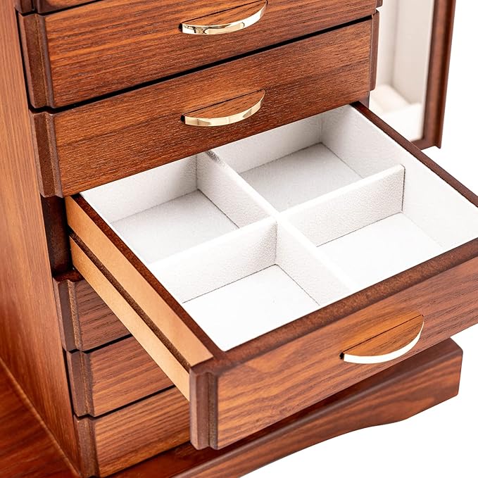 7 Layers +2 Swing-Out Jewelry Box,Jewelry Cabinet Organizer,Watch Storage Boxes,Rings Necklaces Organizer with Side Doors,6 Pull-Out Drawer,Mirror,Lock,Walnut (Walnut)