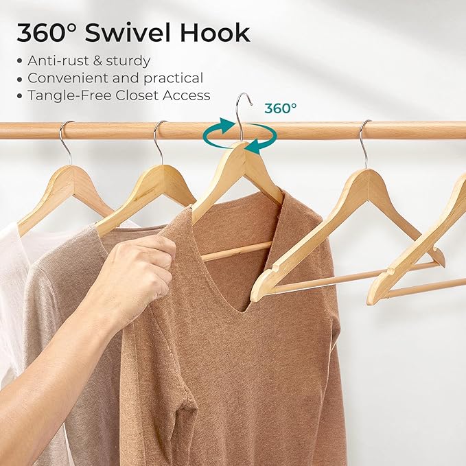 HOUSE DAY Premium Wooden Coat Hangers 10 Pack, Heavy Duty Solid Wood Clothes Hangers with 360° Swivel Hook & Pant Bar for Jackets, Dress, Shirts, Natural Wood Suit Hanger for Closet Organizer