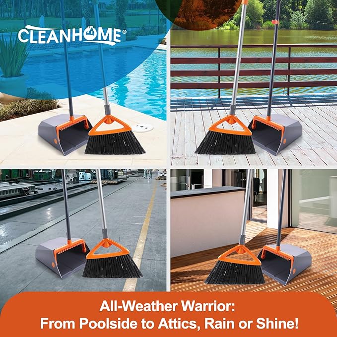 CLEANHOME Heavy Duty Outdoor Broom and Dustpan Set with Long Handle, Standing Dustpan & Split-End Bristles for Patio, Garage, Deck, Leaves Debris Cleaning