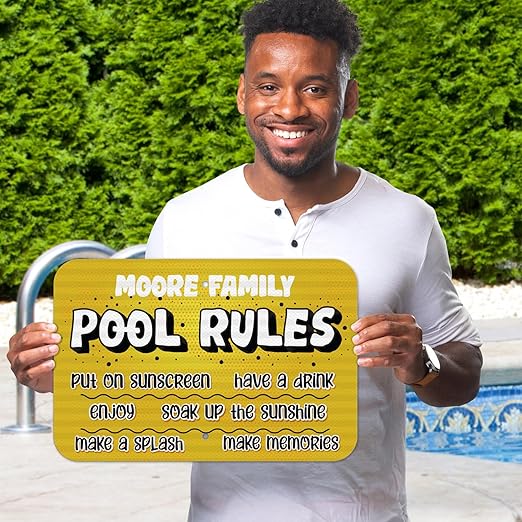 Custom Pool Sign, Pool Rules Put On Sunscreen for Pool Décor Sign, 12x18 Inches, Rust Free .063 Aluminum, Fade Resistant, Made in USA by Sigo Signs