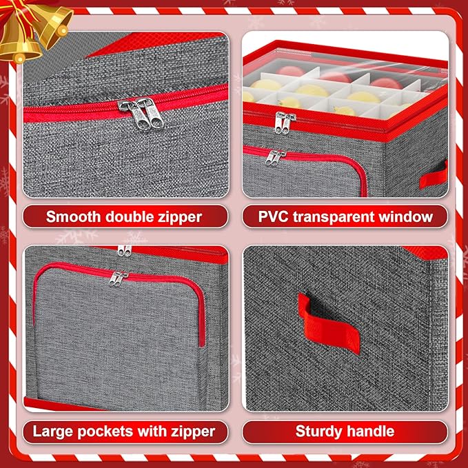 VERONLY Ornament Storage Box with Dividers, Christmas Ornament Storage Containers Include Trays and Zippers, Holiday Ornaments Storage Container with Handles for Xmas(64 Ball, Grey)
