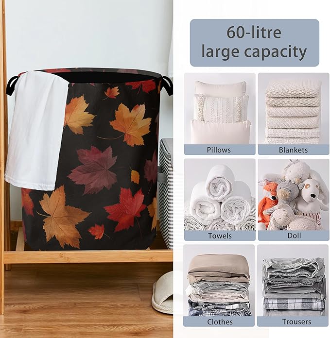 Maple Leaves Laundry Basket,Autumn Foldable Oxford Cloth Tote Bag Laundry Hamper Clothes Storage Bucket Organizer for Bedroom Laundry Storage Dormitories 16" x 20.8"