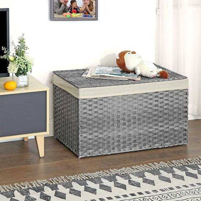 SONGMICS Storage Basket with Lid, Woven Blanket Storage Bin with Handles, Foldable, Removable Liner, Metal Frame, for Bedroom, Laundry Room, 42.3 Gallons (160 L), Gray URST76WG