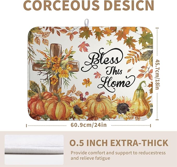 Wnoesat Fall Drying Mat for Kitchen Counter Autumn Thanksgiving Pumpkin Cross Dish Mat Sunflower Maple Leaf Absorbent Microfiber Dish Draining Mat Reusable Dishes Pad Extra Large 18"x24"