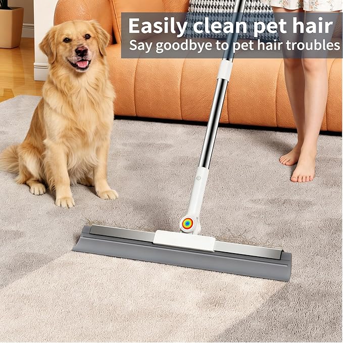 Floor Squeegee with 180° Rotating Head & 63" Long Handle, Rubber Silicone Magic Broom for Floor Cleaning, Squeegee Broom for Pet Hair, Bathroom Tile, Garage Concrete, Deck, Shower Glass