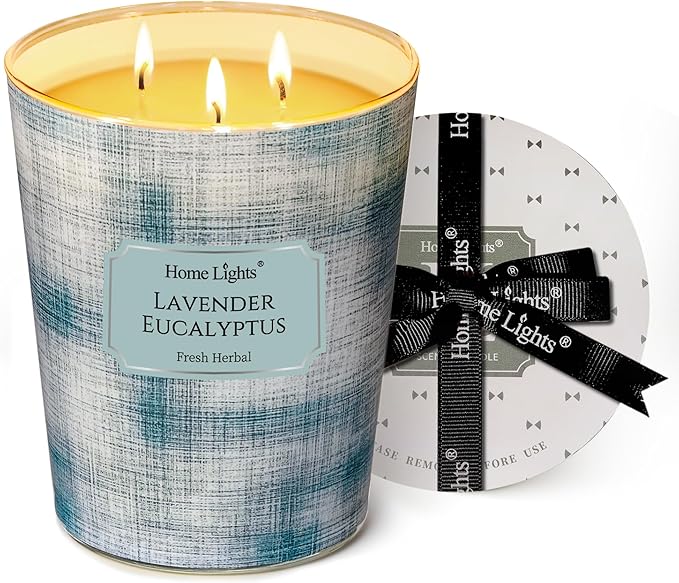 HomeLights Scented Candles | Large Jar 34 Oz Natural Soy Candle | 130 hrs Long-Lasting with 3 Wicks | Scandinavian Minimalist Design Home Decor | Gifts for Mom & Women, Lavender Eucalyptus
