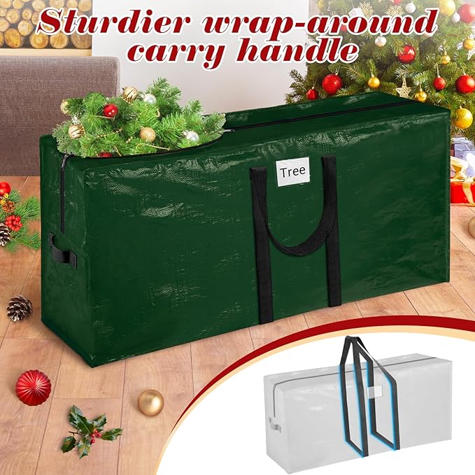 Christmas Tree Storage Bag 7.5 Ft With 2 Large Tinsel Garland Bags, Waterproof Material, Reinforced Handles & Dual Zipper, Green