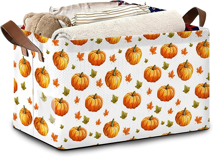 Pumpkin Maple Leaf Storage Basket with Handles,Thanksgiving Collapsible Rectangle Organizer Bin for Room Decoration Books Box Baskets 17x11.5x10Inch