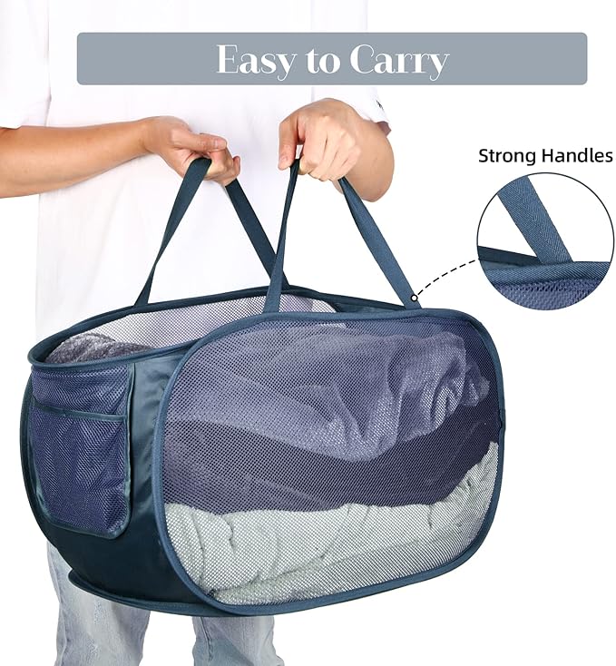 Durable Collapsible Laundry Baskets, Mesh Pop Up Laundry Hamper with Side Pocket, Foldable Clothes Storage Hamper with Reinforced Carry Handles for Laundry, Bathroom, Kids Room, Dorm or Travel Navy