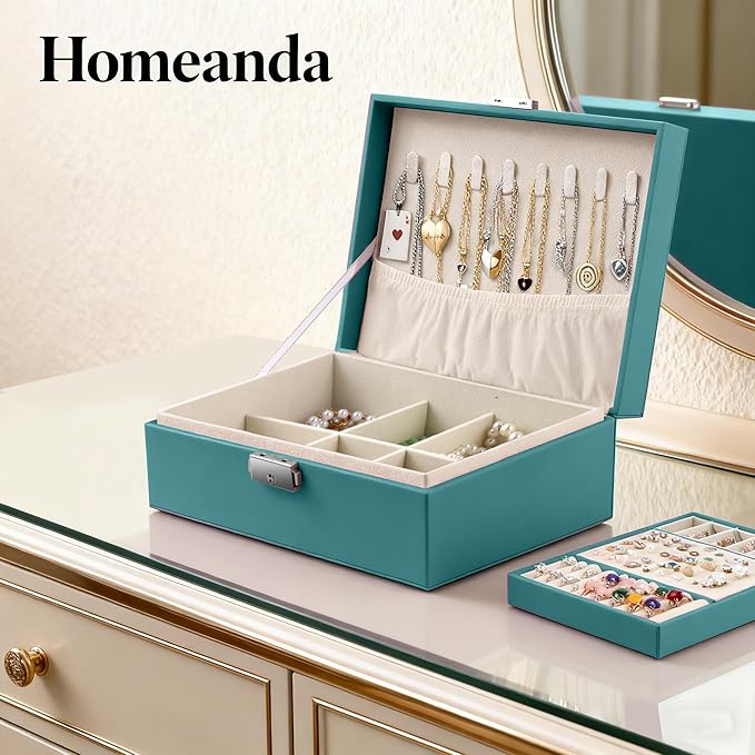 Homeanda Jewelry box 2 layer Jewelry box Leather Jewelry boxes for Women Girls Teens Jewelry organizer box Jewelry Storage box with lock(Green)