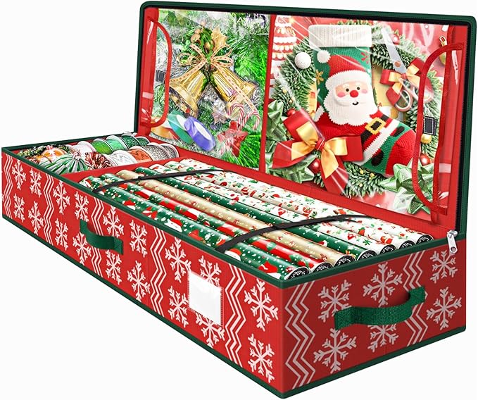 StorageRight Wrapping Paper Organizer Storage Container, Christmas Gift Wrapping Paper Storage Box for Paper Ornaments，Paper Storage Holder for Holiday Decoration Wave/Red