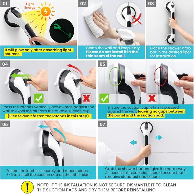 TAILI Shower Grab Bar Glow in The Dark, 2 Pack 16.8 in Grab Bars for Bathtubs and Showers, Shower Handle Shower Rail for Seniors and Elderly,Bathroom Safety Grip Removable No Drilling Waterproof Black