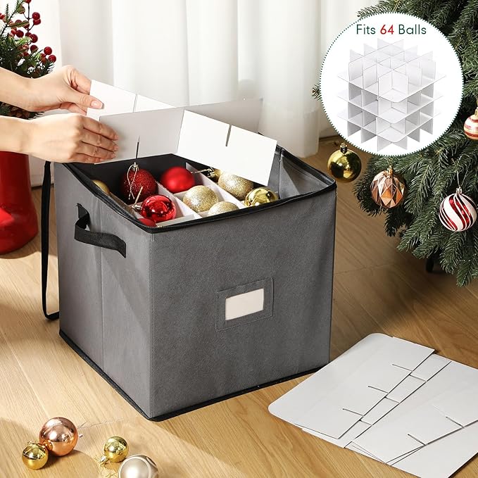 CHENGU 2-pack Christmas Ornament Storage Stores up to 64 Christmas Ball Accessories Holder with Adjustable Dividers, Zippered Closure Two Handles for Holiday Ornaments and Xmas Decorations(Grey)
