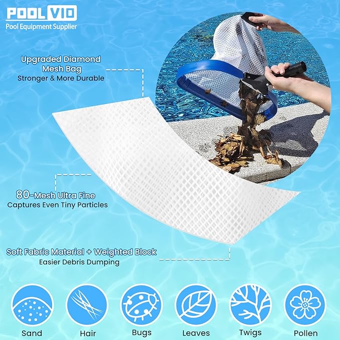 Poolvio 14" Pool Skimmer Net – Heavy Duty Leaf Net with Aluminum Frame with Diamond-Pattern Ultra-Fine Soft Mesh Bag – Pool Cleaning Tool for Leaves, Sand, Pollen & Small Debris (No Pole)
