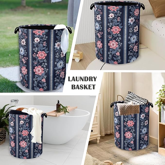 Boho Vintage Flower Laundry Basket,Foldable Oxford Cloth Tote Bag Laundry Hamper Clothes Storage Bucket Organizer for Bedroom Laundry Storage Dormitories 16" x 20.8"