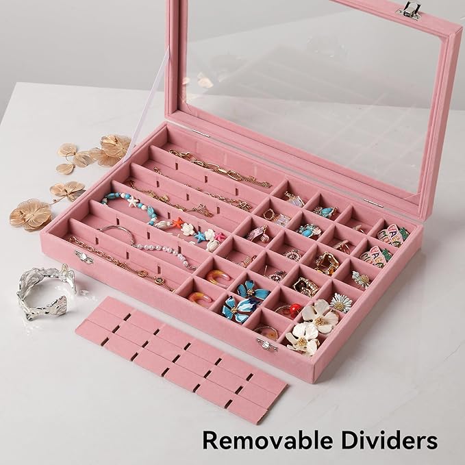 Frebeauty 48 Grid Jewelry Tray,Adjustable Earring Holder Organizer with Glass Lid,Velvet Drawer Jewelry Organizer for Rings,Studs,13.8 x 9.5 x 2 Inches Jewelry Display Box,Gift for Women(Pink)