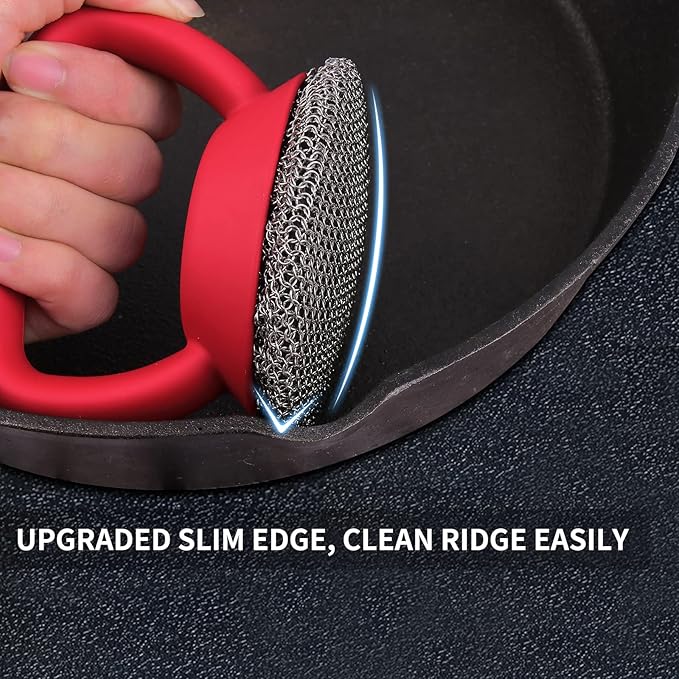 Cast Iron Cleaner Scrubber+Tray with Handle, Welded Chainmail Scrubber for Pan Pot Grill Oven Wok Cleaning- Small Ring Chain Scrub Metal Scraper Brush Iron Skillet Steel Wool Scrubber Steel Sponge