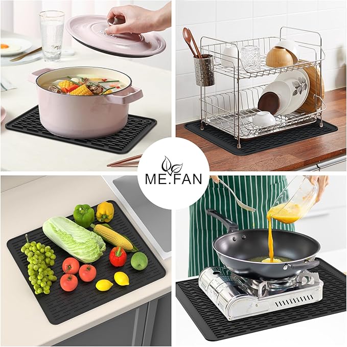ME.FAN Silicone Dish Drying Mat for Kitchen Counter, Dish Drying Pad for Sink, Refrigerator or Drawer, Countertop Protection Pad M - 16''×12'' - Black