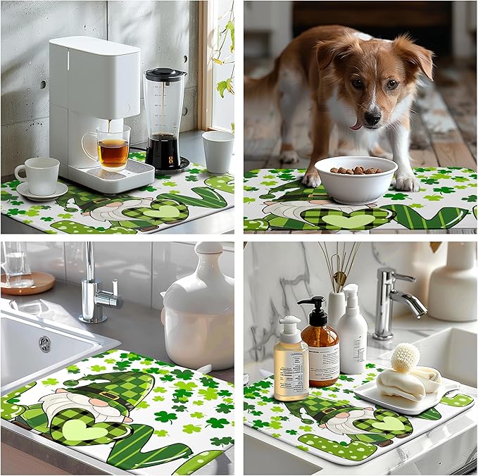 St Patrick's Day Gnomes Dish Drying Mat Shamrock Green Spring Kitchen Dish Drying Pad Absorbent Dish Dryer Mat for Kitchen Countertops Microfiber Dishes Drainer Pad Dish Drying Rack Mat (18x24 in)
