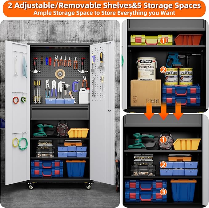 Aobabo Garage Storage Cabinet with Wheels and 1 Interior Drawer, 71" H Metal Rolling Cabinet with 16 Hooks and 2 Adjustable Shelves for Garage, Home, Office, Kitchen, Assembly Required, Black Gray