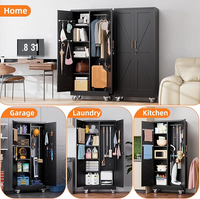 Aobabo Broom Closet Storage Cabinet with 4 Shelves, Garage Storage Cabinet with Wheels for Garage Home, Black, Assembly Required
