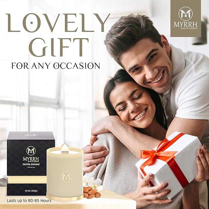 MyrrhUSA Vanilla Almond Scented Candle – 15 oz Natural Soy Wax with Crackling Wooden Wick & Essential Oil | 80 Hour Burn | Luxury Aromatherapy Candle for Relaxation, Home Décor, Living Room & Bathroom