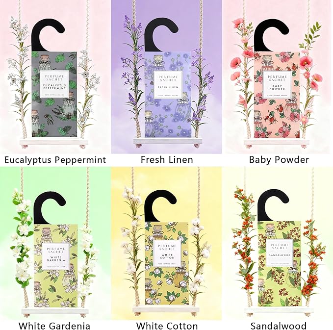 ROSE COTTAGE Large 12 Packs White Gardenia Hanging Closet Deodorizer Air Freshener Long Lasting Scented Sachets Smell Goods for House