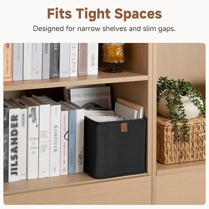 StorageWorks Fabric Storage Bins, Narrow Baskets for Storage, Small Baskets for Organizing with PU Handle, Suitable for Clothes, Books, and Toys, Black, 4-Pack