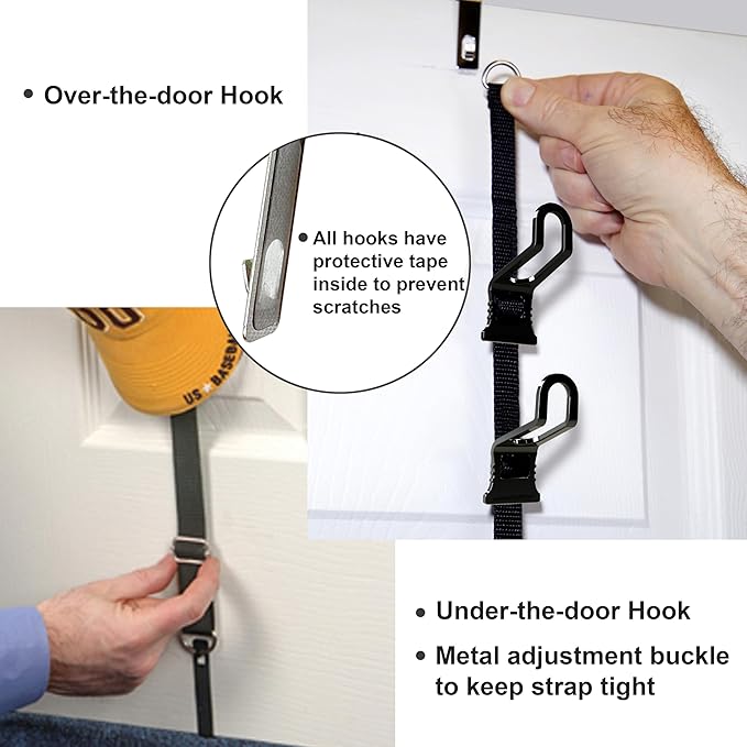 Perfect Curve Cap Rack | Over-The-Door Hat Organizer | Nine hooks holds 9-18 Caps | Baseball Cap Rack for Door | 1 Strap | Black