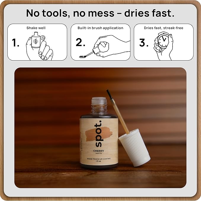 Light Brown Wood Stain Repair Kit, Brush-On Touch-Up Stain Bottles, Golden Oak, Early America, Cherry, Red Oak, Interior and Exterior Wood, 4 fl oz Total by spot.