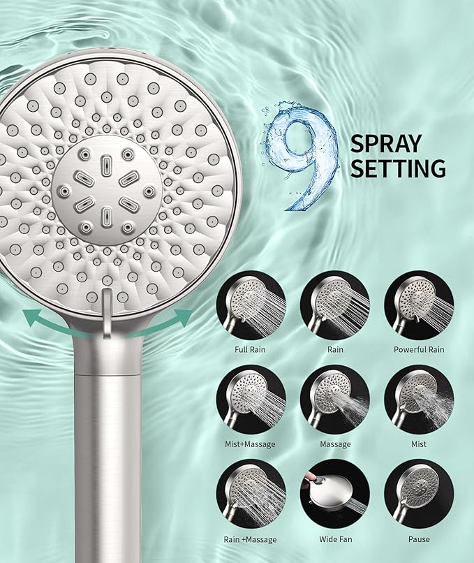 SR SUN RISE Filtered Shower Head with Handheld High Pressure 9 Spray Mode Showerhead Detachable Shower Head Water Softener Filters Beads for Hard Water Remove Chlorine 1 Filter Brushed Nickel