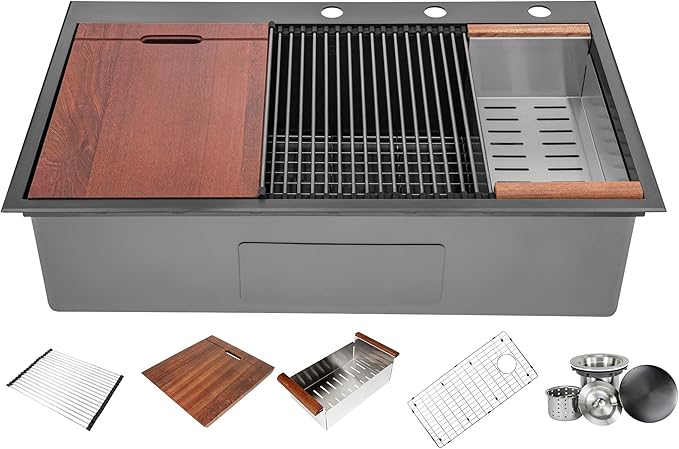 36” x 22 “ Workstation Topmount/Drop-in Nano Black Stainless Steel Sink, 16-Gauge Single Bowl with 15mm Radius, Includes Bottom Grid, Dish Rack, Colander, Strainer & Cutting Board