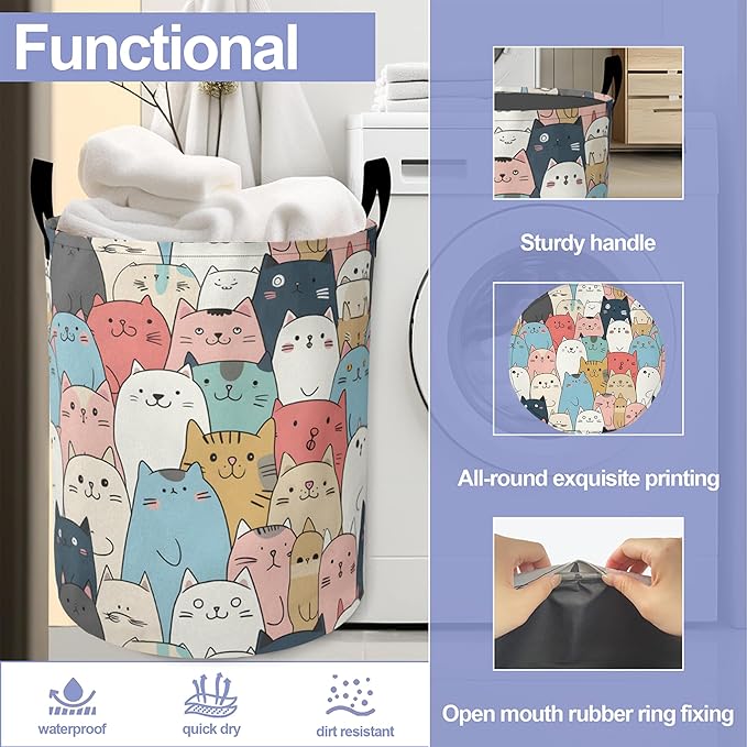 Laundry Basket-Cute Cartoon Cat Foldable Waterproof Oxford Cloth Funny Tote Bag Laundry Hamper Clothes Storage Bucket Organizer For Bathroom/Laundry Storage/Bedroom Storage Basket