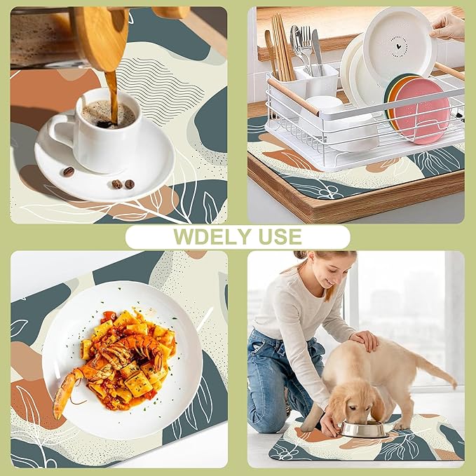 Abstract Flowers Leave Dish Drying Mat Creative Floral Kitchen Mat 16"x24" Bsorbent Coffee Maker Mat for Dishes Utensils Coffee Maker Pots and Pans Easy Clean Dish Slip Resistant Pad